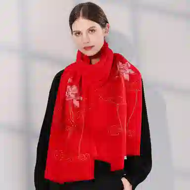 上海故事 秋冬加厚保暖时尚贴花外出防寒外搭结婚 绵羊毛 披肩 女款 粉色 红色 裸色