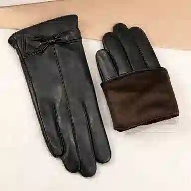 上海故事 真皮加绒加厚保暖外出骑行防风防寒防泼水可触屏 羊皮革 绒线手套 女款 黑色