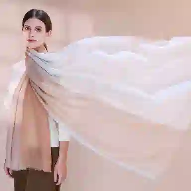 上海故事 散纤色织格大披肩 绵羊毛 围巾 女款 米驼灰绿