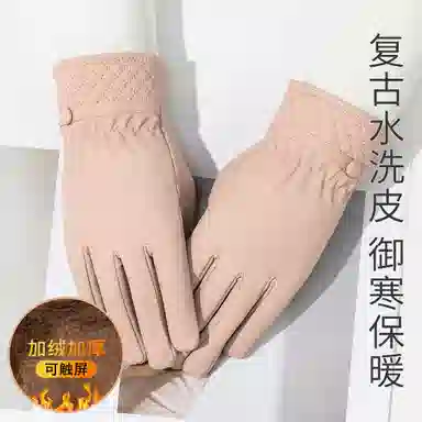 上海故事 秋冬奶油风外出御寒加厚保暖骑车防泼水防风户外分指触屏 聚酯纤维 绒线手套 女款