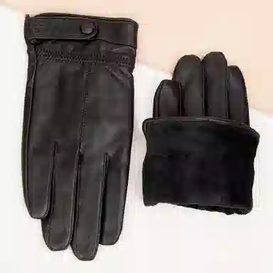 上海故事 时尚加绒加厚外出骑车防风防寒出行防水保暖 羊皮革 绒线手套 男款 黑色