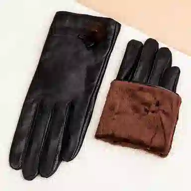 上海故事 真皮加绒加厚保暖外出骑行防风防寒防泼水可触屏 羊皮革 绒线手套 女款 黑色