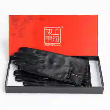 上海故事 真皮加绒加厚保暖外出骑行防风防寒防泼水可触屏 羊皮革 绒线手套 女款 黑色