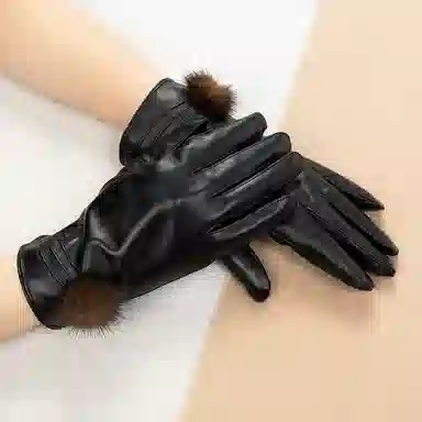 上海故事 真皮加绒加厚保暖外出骑行防风防寒防泼水可触屏 羊皮革 绒线手套 女款 黑色