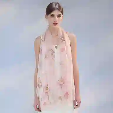 上海故事 春花秋月喷绘真丝长巾 桑蚕丝 丝巾 女款