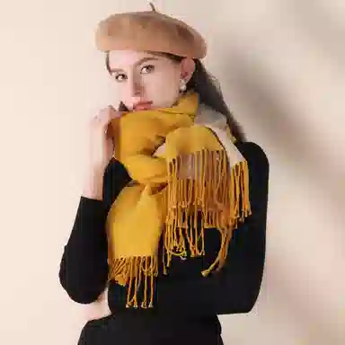 上海故事 冬季加厚双面两用保暖 外出时尚洋气拼色 聚酯纤维 绒线围巾 女款