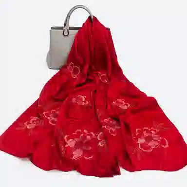 上海故事 真丝刺绣素绉缎长巾 丝韵牡丹 桑蚕丝 丝巾 女款