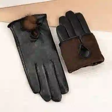 上海故事 真皮加绒加厚保暖外出骑行防风防寒防泼水可触屏 羊皮革 绒线手套 女款 黑色