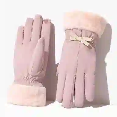 上海故事 冬季户外冬天滑雪骑车骑行毛毛口加绒加厚保暖防风防水防寒触屏 聚酯纤维 绒线手套 女款