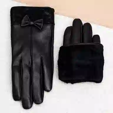 上海故事 真皮加绒加厚保暖外出骑行防风防寒防泼水可触屏 羊皮革 绒线手套 女款 黑色