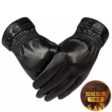 上海故事 时尚加绒加厚外出骑车防风防寒出行防水保暖 羊皮革 绒线手套 男款 黑色