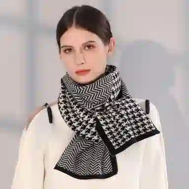 上海故事 秋冬保暖毛线针织防寒 外出千鸟格时尚氛围感 聚酯纤维 绒线围巾 男女同款情侣款