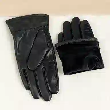 上海故事 时尚加绒加厚外出骑车防风防寒出行防水保暖 羊皮革 绒线手套 男款 黑色