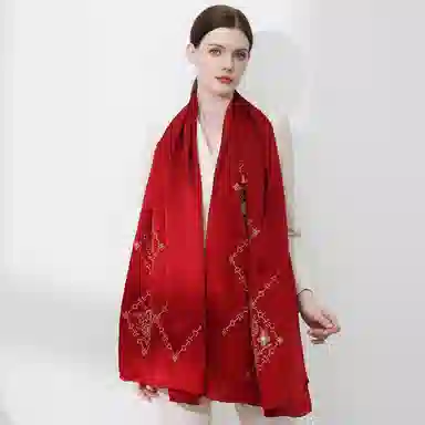 上海故事 真丝刺绣素绉缎长巾 丝韵牡丹 桑蚕丝 丝巾 女款