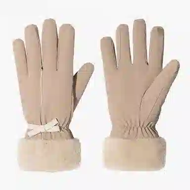 上海故事 冬季户外冬天滑雪骑车骑行毛毛口加绒加厚保暖防风防水防寒触屏 聚酯纤维 绒线手套 女款