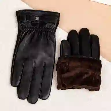 上海故事 时尚加绒加厚外出骑车防风防寒出行防水保暖 羊皮革 绒线手套 男款 黑色