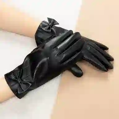 上海故事 真皮加绒加厚保暖外出骑行防风防寒防泼水可触屏 羊皮革 绒线手套 女款 黑色