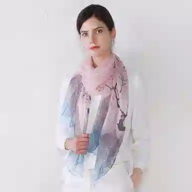 上海故事 春花秋月喷绘真丝长巾 桑蚕丝 丝巾 女款