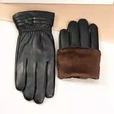 上海故事 时尚加绒加厚外出骑车防风防寒出行防水保暖 羊皮革 绒线手套 男款 黑色