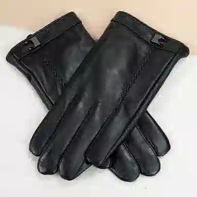 上海故事 时尚加绒加厚外出骑车防风防寒出行防水保暖 羊皮革 绒线手套 男款 黑色