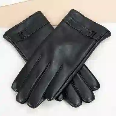 上海故事 时尚加绒加厚外出骑车防风防寒出行防水保暖 羊皮革 绒线手套 男款 黑色