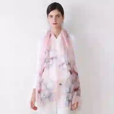 上海故事 春花秋月喷绘真丝长巾 桑蚕丝 丝巾 女款