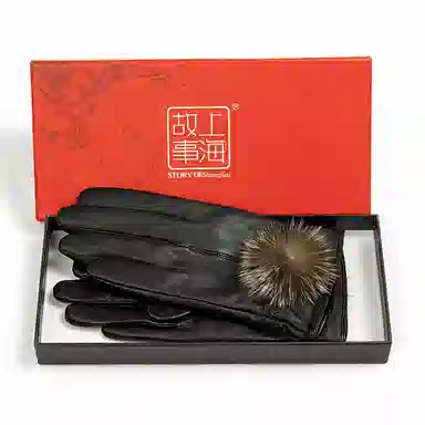 上海故事 真皮加绒加厚保暖外出骑行防风防寒防泼水可触屏 羊皮革 绒线手套 女款 黑色