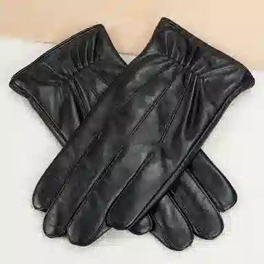 上海故事 时尚加绒加厚外出骑车防风防寒出行防水保暖 羊皮革 绒线手套 男款 黑色