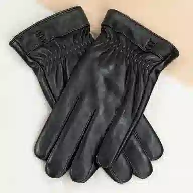 上海故事 时尚加绒加厚外出骑车防风防寒出行防水保暖 羊皮革 绒线手套 男款 黑色