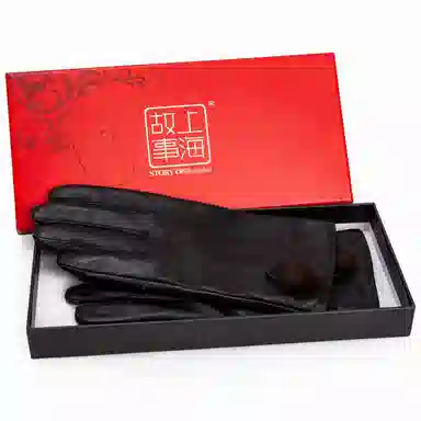 上海故事 真皮加绒加厚保暖外出骑行防风防寒防泼水可触屏 羊皮革 绒线手套 女款 黑色