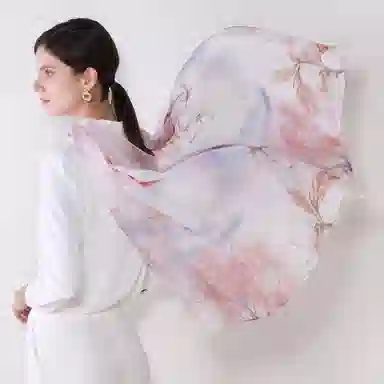 上海故事 春花秋月喷绘真丝长巾 桑蚕丝 丝巾 女款