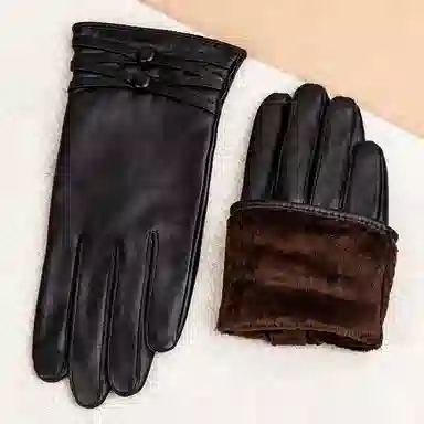 上海故事 真皮加绒加厚保暖外出骑行防风防寒防泼水可触屏 羊皮革 绒线手套 女款 黑色