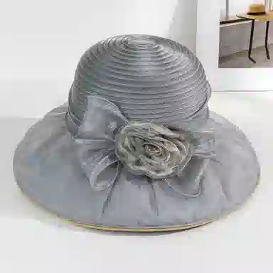 上海故事 春夏遮阳帽大头围渔夫帽蝴蝶结气质花朵欧根纱度假护脸礼帽 聚酯纤维 防晒帽 女款