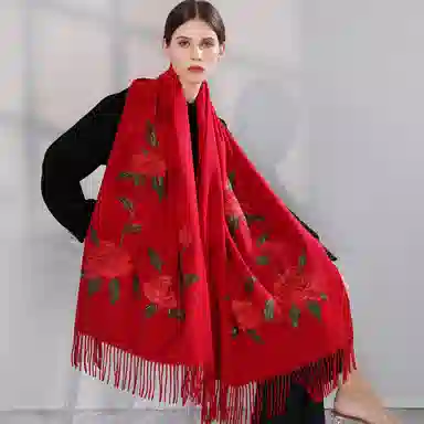 上海故事 喜庆红国风花卉刺绣空调房办公室保暖外搭两用 绵羊毛 绒线围巾 女款