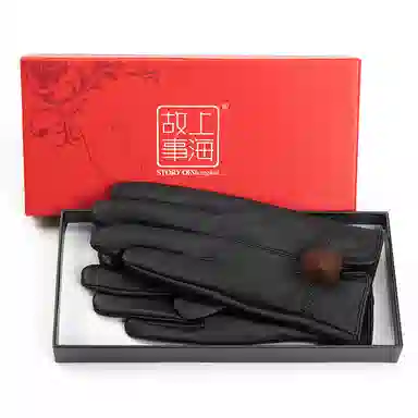 上海故事 真皮加绒加厚保暖外出骑行防风防寒防泼水可触屏 羊皮革 绒线手套 女款 黑色