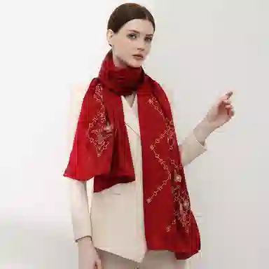 上海故事 真丝刺绣素绉缎长巾 丝韵牡丹 桑蚕丝 丝巾 女款