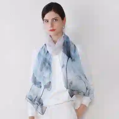 上海故事 春花秋月喷绘真丝长巾 桑蚕丝 丝巾 女款