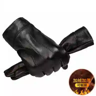 上海故事 时尚加绒加厚外出骑车防风防寒出行防水保暖 羊皮革 绒线手套 男款 黑色