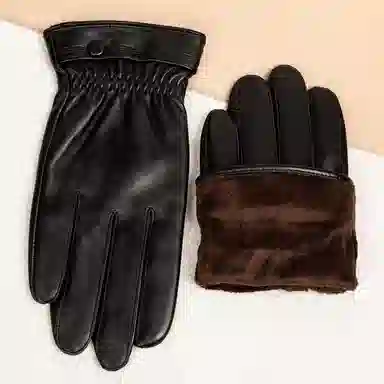 上海故事 时尚加绒加厚外出骑车防风防寒出行防水保暖 羊皮革 绒线手套 男款 黑色