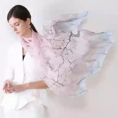 上海故事 春花秋月喷绘真丝长巾 桑蚕丝 丝巾 女款