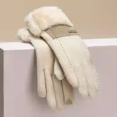 上海故事 百搭拼色加绒毛口户外出百搭骑行防寒 绵羊毛 绒线手套 女款