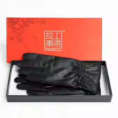 上海故事 真皮加绒加厚保暖外出骑行防风防寒防泼水可触屏 羊皮革 绒线手套 女款 黑色