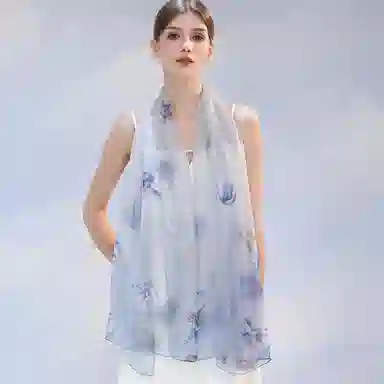 上海故事 春花秋月喷绘真丝长巾 桑蚕丝 丝巾 女款