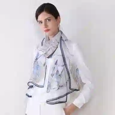 上海故事 春花秋月喷绘真丝长巾 桑蚕丝 丝巾 女款