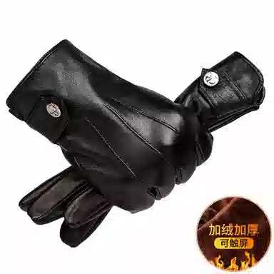 上海故事 时尚加绒加厚外出骑车防风防寒出行防水保暖 羊皮革 绒线手套 男款 黑色