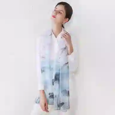 上海故事 春花秋月喷绘真丝长巾 桑蚕丝 丝巾 女款