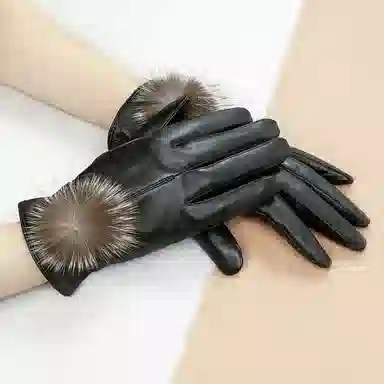 上海故事 真皮加绒加厚保暖外出骑行防风防寒防泼水可触屏 羊皮革 绒线手套 女款 黑色