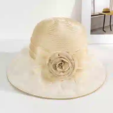 上海故事 春夏遮阳帽大头围渔夫帽蝴蝶结气质花朵欧根纱度假护脸礼帽 聚酯纤维 防晒帽 女款