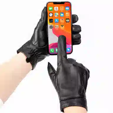 上海故事 时尚加绒加厚外出骑车防风防寒出行防水保暖 羊皮革 绒线手套 男款 黑色