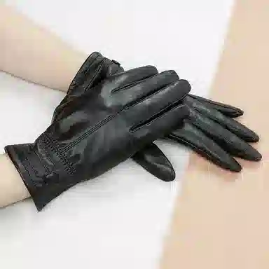 上海故事 真皮加绒加厚保暖外出骑行防风防寒防泼水可触屏 羊皮革 绒线手套 女款 黑色